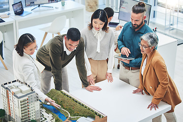 Image showing Creative people, real estate and meeting with 3d model for building design, architecture or property at office. Architect team or group in project discussion, planning or brainstorming at workplace