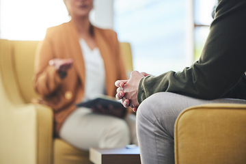 Image showing Man, hands and listening for therapy, sofa or advice from woman for mental health, psychology or care. Psychiatrist, patient and frustrated in clinic, session or couch for help, anxiety or depression