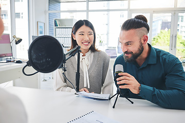 Image showing Man, woman or radio presenter on microphone, news and interview with smile, finance advice and talk show. Podcast, recording and business people with speech, happy and info on live stream in studio