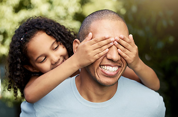 Image showing Cover, eyes or father playing with child in garden, backyard or nature park for fun games on holiday together. Happy family, dad or girl with hands on face with smile or love in summer for bonding