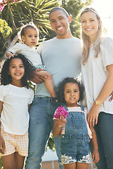 Image showing Smile, parents or portrait of children in park with support, care or love in an interracial or blended family. Happy, mom or proud dad outside to enjoy bonding in nature with girls, kids or siblings