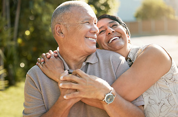 Image showing Love, hug and happy old couple in garden, laugh and marriage with retirement together in nature with trees. Funny outdoor embrace, senior man and woman in backyard to relax with romance and smile.