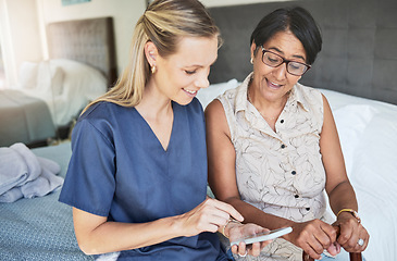 Image showing Happy woman, nurse and phone in elderly care for consultation, support or healthcare diagnosis at home. Female person, caregiver or medical professional on mobile smartphone to help senior patient