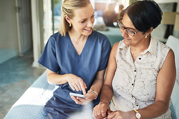 Image showing Happy woman, nurse and phone in elderly care for support, consultation or healthcare diagnosis at home. Female person, caregiver or medical professional on mobile smartphone to help senior patient