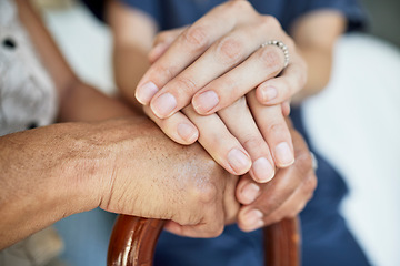 Image showing Empathy, nurse and holding hands with senior patient for hope, support and healthcare. Medical, compassion and kindness with closeup of people in nursing home for volunteer, help and retirement