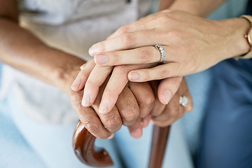 Image showing Empathy, medical and holding hands with sold woman and nurse for hope, support and healthcare. Trust, compassion and kindness with closeup of people in nursing home for volunteer, help or retirement