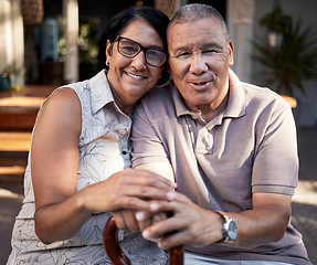 Image showing Portrait, love or happy old couple on outdoor date for bonding together in retirement with care. Senior, elderly man or mature woman hug to relax with support, peace or trust on a holiday vacation