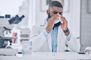 Image showing Scientist, man and sick nose in laboratory of cold, allergies and medical virus. African worker, science researcher and sneeze for health, allergy risk and tissue for disease, sinusitis and influenza