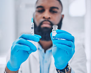 Image showing Man, doctor and hands with syringe for vaccine, injection or flu shot in healthcare at hospital. Closeup of male person or medical expert with needle and vial for vaccination or monkey pox at clinic