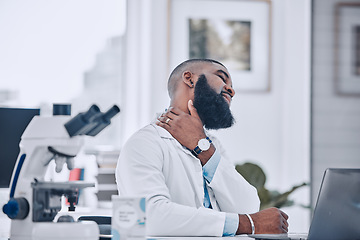 Image showing Neck pain, scientist and man working in laboratory with stress, joint inflammation or arthritis risk. Tired african employee, science and muscle injury from tension, burnout or fatigue of bad posture