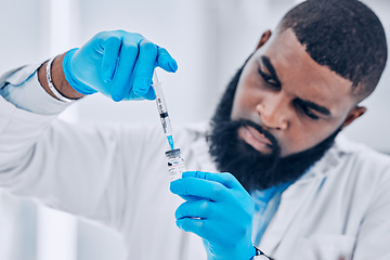 Image showing Research, black man and vial with a syringe, medical and experiment for healthcare, analytics and vaccination. Person, scientist or research with syringe, test or pharmaceutical with vaccine expert