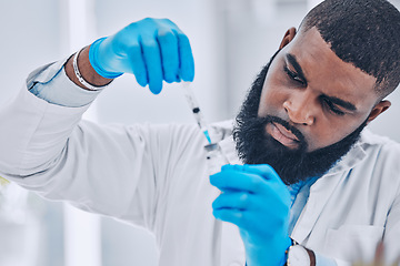 Image showing Research, black man and vial with a needle, medical and experiment for healthcare, breakthrough and vaccine. Person, scientist and research with a syringe, cure and treatment with vaccination expert