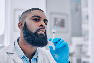 Image showing Medicine, research and vaccine with black man in laboratory for science, pharmacy and cure. Healthcare, medical and injection with scientist and syringe for virus, expert and pathology testing