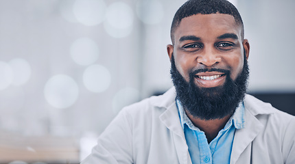 Image showing Scientist, black man and face smile in laboratory, research or health, test or experiment on bokeh. African science expert, happy doctor portrait and medical professional, employee or worker in Kenya