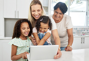 Image showing Blended family, adoption and a girl with her mother on a tablet in the kitchen for education or learning. Children, diversity or study with a parent and granny teaching girl kids at home together