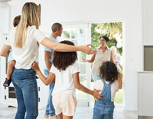 Image showing Happy, home and family welcome grandparents by door excited for bonding, spending time and relationship. Family, hello and grandmother, grandfather and children smile for greeting, visit and arrival