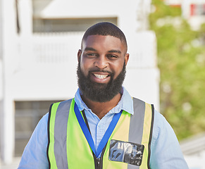 Image showing Black man, portrait and construction worker, maintenance and engineering with smile and architecture outdoor. African male person, renovation and contractor with urban infrastructure and handyman