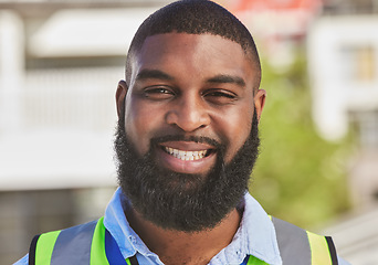 Image showing Black man, smile in portrait and construction worker, maintenance and engineering and architecture outdoor. African male person, renovation and contractor with urban infrastructure and handyman