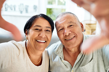 Image showing Mature couple, selfie and smile portrait on home sofa for video call, streaming and internet. A happy man and woman together on a couch for social media profile picture or memory of healthy marriage