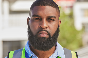 Image showing Black man, portrait and construction worker, maintenance and headshot with and engineering and architecture outdoor. Male person, renovation and contractor with urban infrastructure and handyman