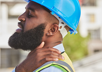 Image showing Black man, architect or hand on neck pain, injury accident or muscle tension on city rooftop. Hurt engineer, stress or injured contractor with sore ache or joint inflammation at construction site