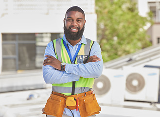 Image showing Black man, portrait and construction worker, arms crossed and maintenance, engineer smile and architecture outdoor. Male contractor, professional renovation and urban infrastructure with handyman