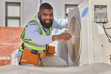 Image showing Black man, portrait and maintenance, AC repair and engineering with smile and labor outdoor. African male person, fixing air conditioner and urban infrastructure with tools and electrician on rooftop