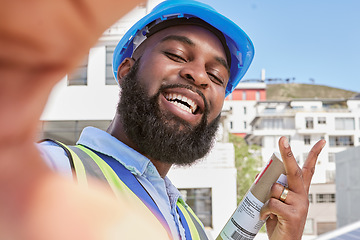 Image showing Engineer, selfie and peace with a man outdoor in a city for architecture, building and construction. Face of a happy African male worker or technician for social media, profile picture or memory