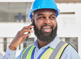 Image showing Engineering, phone call and smile with black man in city for architecture, communication and contact. Building, construction and project management with contractor for technology and connection