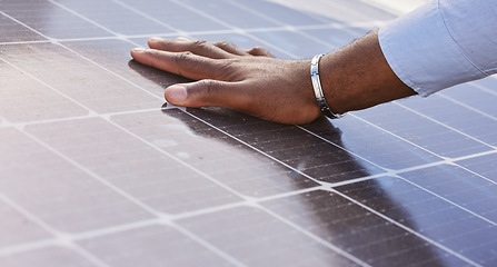 Image showing Hand, solar panels and inspection with eco friendly power, electricity supply and renewable energy with sustainability. Person check grid, photovoltaic and environment, quality assurance and engineer