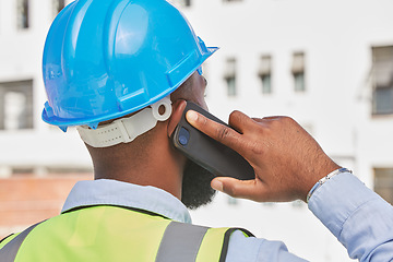 Image showing Architecture, phone call and back of black man in city for engineering, communication and contact. Building, construction and project management with contractor for technology and connection