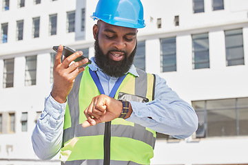 Image showing Black man, time or architect on a phone call or construction site speaking of building schedule or project. Voice speaker, talking or African designer in communication or discussion about engineering