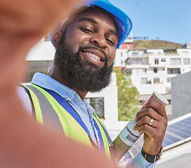 Image showing Engineer, selfie and smile of a man outdoor in a city for architecture, building and construction. Face of a happy African male worker or technician for social media, profile picture or development