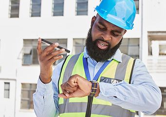 Image showing Watch, man or architect on a phone call or construction site speaking of building time schedule or project. Voice speaker, talking or African designer in communication or discussion about engineering