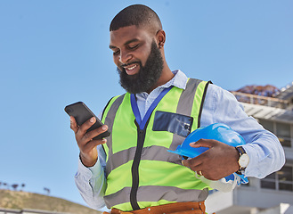 Image showing Black man, online or architect with phone on construction site for building update, social media or networking. Smile, news or happy African engineer texting to chat on digital mobile app on Internet