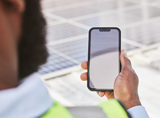 Image showing Phone screen, hand and construction worker with a chat, reading notification or building information. Site, back and a handyman, architect or builder with a blank mobile with mockup for communication