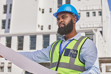 Image showing Engineering, thinking or contractor with blueprint on construction site for infrastructure inspection. Black man, floor plan or African designer working on maintenance, architecture or development