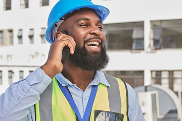 Image showing Architecture, phone call and funny with black man in city for engineering, communication and contact. Building, construction and project management with contractor laughing for technology and network