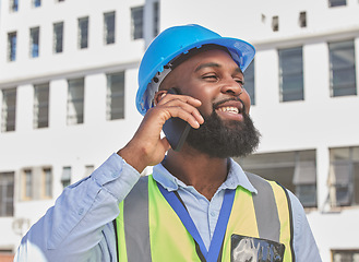 Image showing Engineering, phone call and happy with black man in city for architecture, communication and contact. Building, construction and project management with contractor for technology and connection