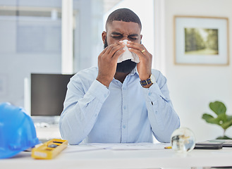 Image showing Sick architect, blowing nose or man in office or engineer with hay fever sneezing or illness in workplace. Civil engineering designer or manager with toilet paper tissue, allergy virus or flu disease