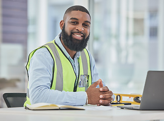 Image showing Architecture, portrait or laptop with black man in office for engineering, research or building design. Technology, construction planning or face of contractor working online on project management