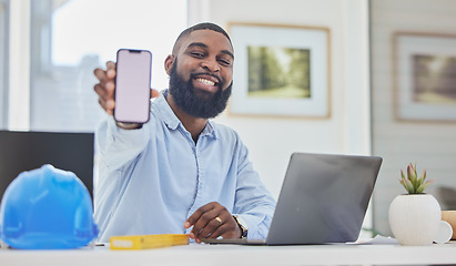 Image showing Black man, architect or phone mockup in office for communication, construction update or networking. Smile, screen or portrait of happy engineer on mobile app display or mock up space on Internet