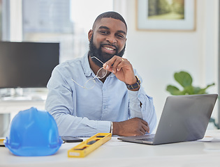 Image showing Engineering, laptop or portrait of black man in office for architecture, research or building design. Technology, construction planning or face of happy designer working online on project management