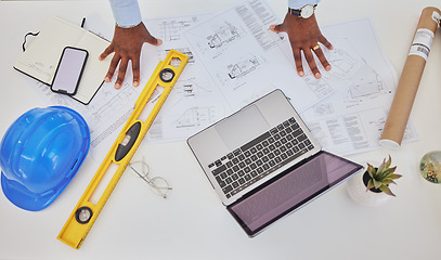 Image showing Engineering, laptop or top view of hands in office for architecture, research or building design. Technology, man or designer working online on project management, blueprint or construction planning