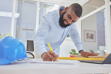 Image showing Engineering, happy or black man drawing in office for architecture, research or building design. Smile, sketch or African designer working on project management, blueprint or construction planning