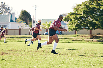 Image showing Rugby, sports and fitness with a team on a field together for a game or match in preparation of a competition. Training, health and teamwork with a group of men outdoor on grass for club practice