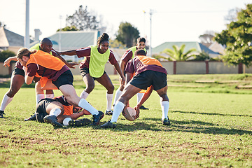 Image showing Rugby, fitness and training with a team on a field together for a game or match in preparation of a competition. Sports, health and teamwork with a group of men outdoor on grass for club practice