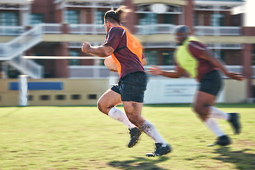 Image showing Rugby, sports and motion blur with a team running on a field together for a game or match in preparation of competition. Fitness, health or teamwork with a group of men training on grass for practice