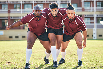 Image showing Portrait, fitness and a rugby team training together for a scrum in preparation of a game or competition. Sports, exercise and teamwork with a male athlete group at an outdoor stadium for practice