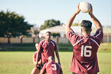 Image showing Teamwork, sports and rugby with people on field for champion, fitness and energy. Workout, competition and game with men playing with ball in stadium for health, training and challenge mockup